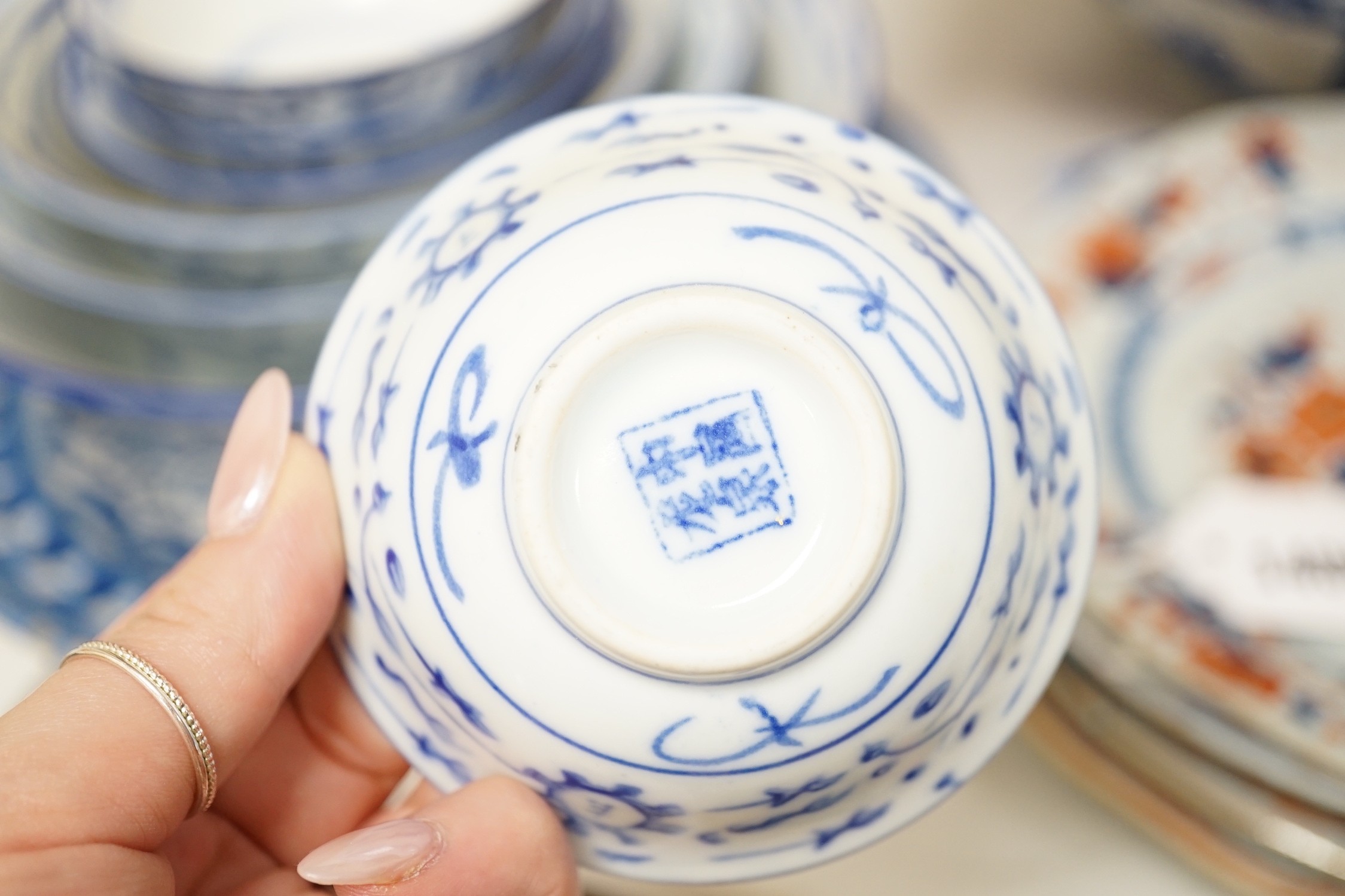 An assortment of 18th century and later Chinese porcelain, a tin-glazed earthenware charger and a Delft vase